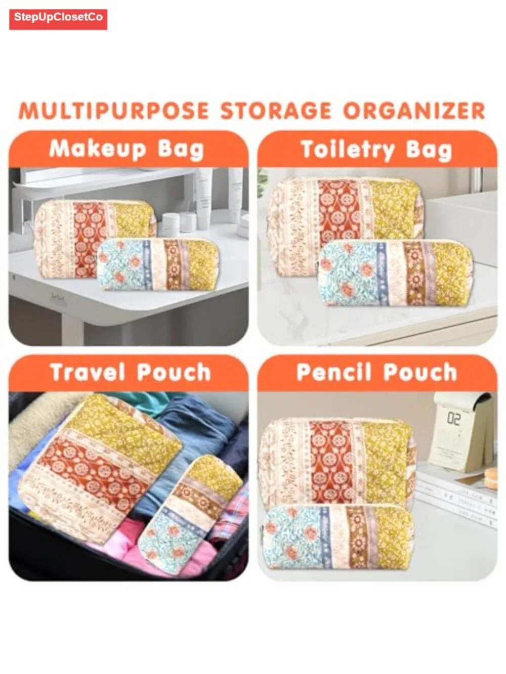 Cotton Quilted Floral Makeup Bag Set of 2 - Zipper Pouch Travel Toiletry